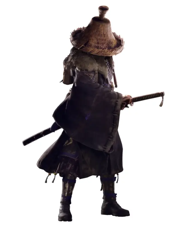 白い背景に立つ、笠を被り和装の神秘的なキャラクター。刀を携え、詳細な衣装からゲームの登場人物を思わせる、静かで力強い姿が印象的です。
