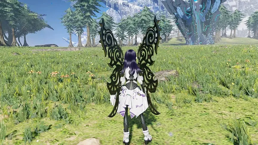 翼を持つキャラクターが広大な草原に立つ