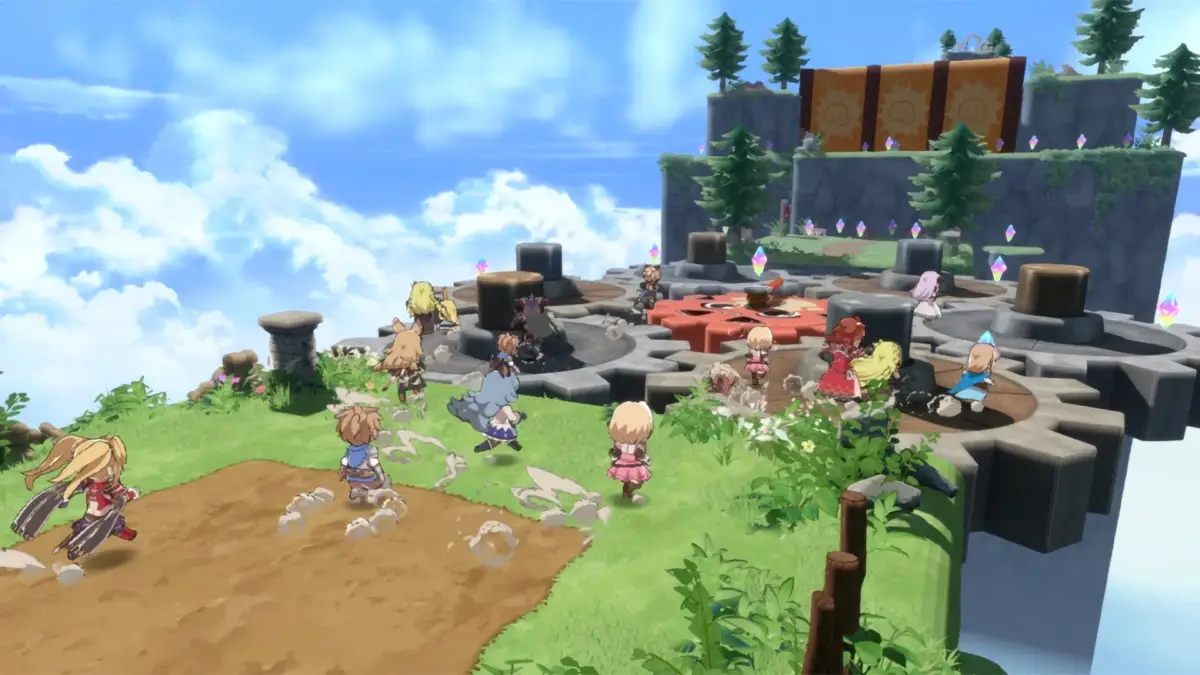 アニメ、ファンタジー、RPG、冒険、浮遊島、歯車、キャラクター、可愛い、空、雲、水晶、ゲーム、アクション、マルチプレイヤー、明るい