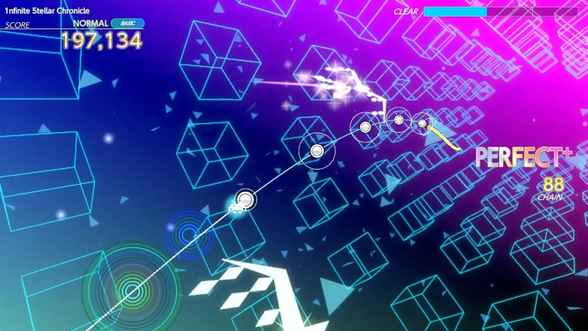 未来的なデザインのリズムゲームのプレイ画面です。スコア「197,134」が表示され、「PERFECT+」と「88 CHAIN」の文字が見えます。
