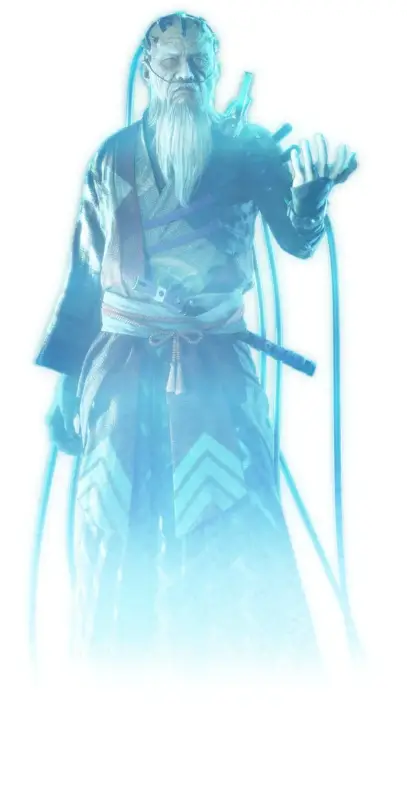 青い光を放つ、長い白髭を蓄えた老人のキャラクター。和服のような衣装を身につけ、頭部にはサイバーな装置が見られ、腰には刀を差している。幻想的でサイバーパンクな雰囲気を持つ。