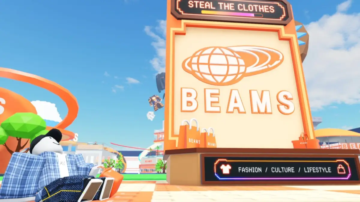 Robloxのような仮想空間にBEAMSの巨大な看板が立つ画像