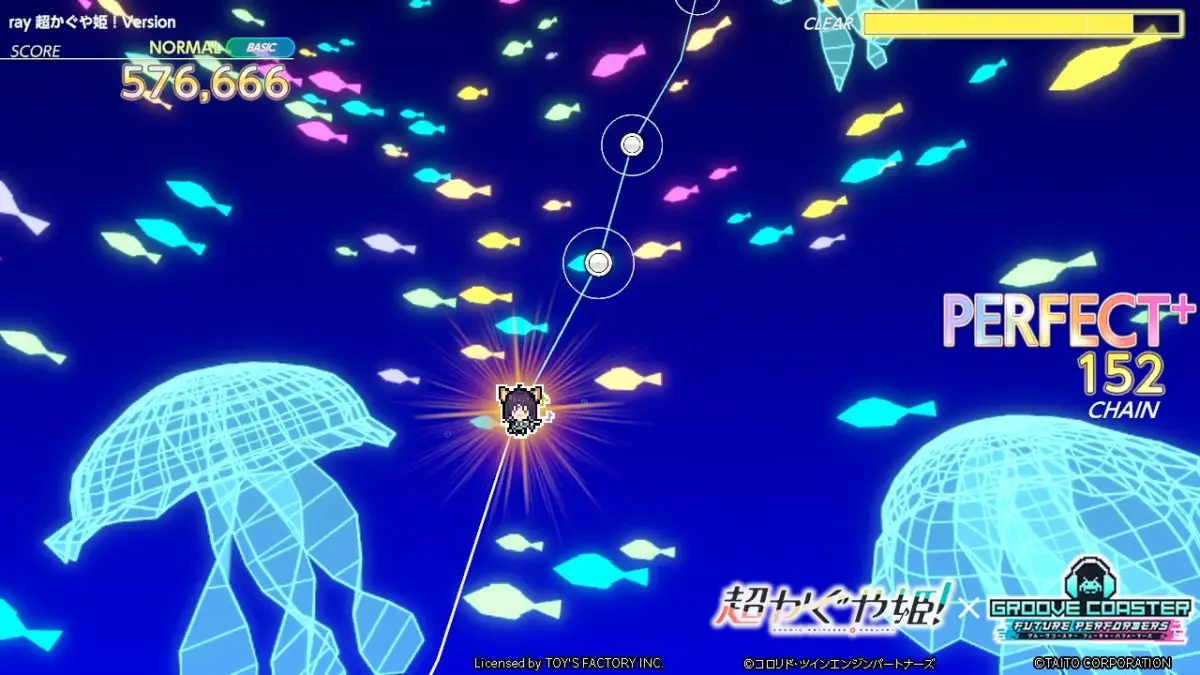 深海をテーマにしたリズムゲーム「グルーヴコースター」のプレイ画面です。ネオンカラーの魚やワイヤーフレームのクラゲが漂う中、キャラクターが音符をたどっています。