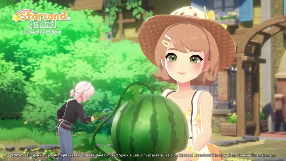 スイカを持つアニメ調の少女と畑仕事をするキャラクター