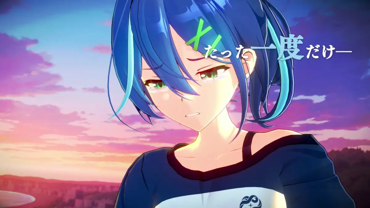 夕焼け空を背景に、青い髪と緑の目をしたアニメの少女が涙を流している様子。