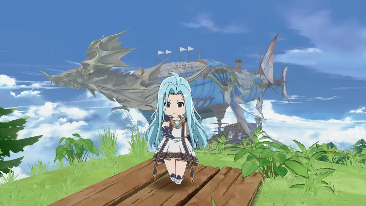 アニメ、ちびキャラ、ファンタジー、飛行船、ドラゴン、青髪、少女、空、ゲーム