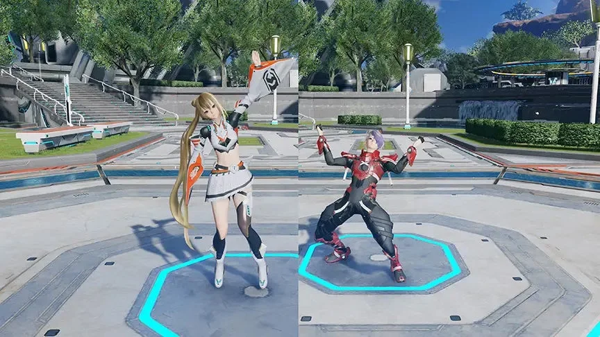 未来都市でポーズをとる2人のアニメ調キャラクター