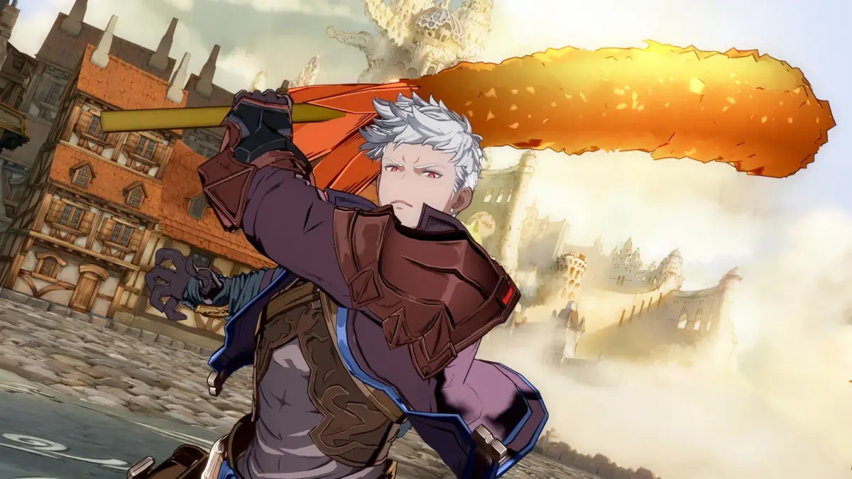 アニメ、ゲーム、ファンタジー、男性キャラクター、白髪、赤い目、武器、エビフライ、城、街並み、戦闘