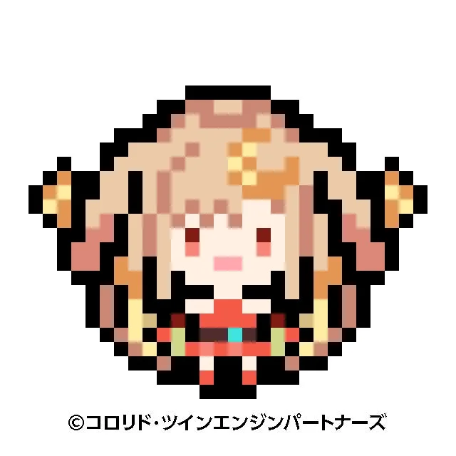 金髪のおさげ髪で赤い服を着たかわいらしいピクセルアートのキャラクターが描かれています。