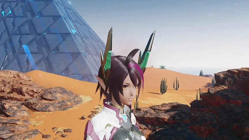 エルフ耳のキャラクターが砂漠のような惑星に立つ