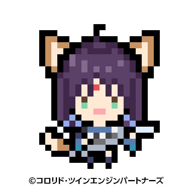 紫色の髪とケモミミを持つデフォルメされた可愛いピクセルアートの女の子キャラクターが描かれています。
