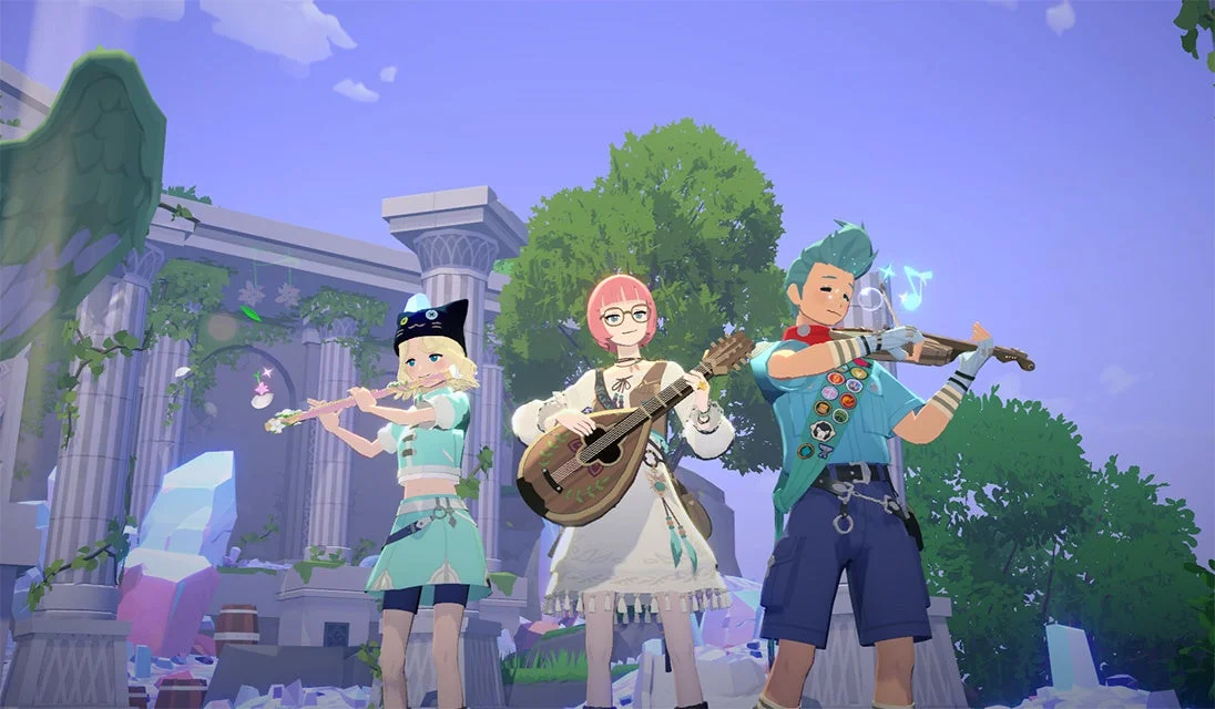 遺跡で楽器を演奏するキャラクターたち