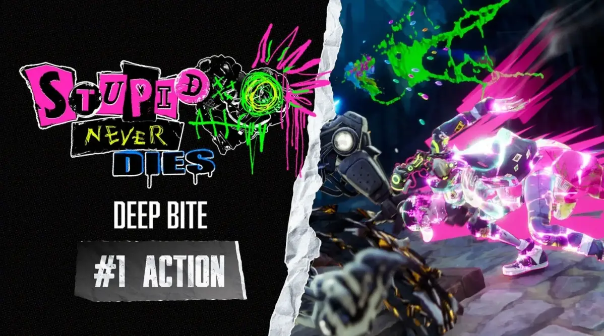 「STUPID NEVER DIES DEEP BITE #1 ACTION」と書かれたロゴが左側に、右側にはネオンカラーで光るキャラクターが激しく戦うゲームのようなシーンが描かれた、パンクでサイバーな雰囲気の画像