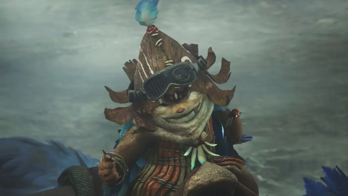 部族風の衣装とゴーグルを身につけた、愛らしいファンタジー生物