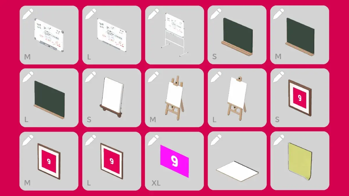 ホワイトボード、黒板、イーゼル付きキャンバス、額縁、ノート、紙など15種類の描画・表示用アイテム