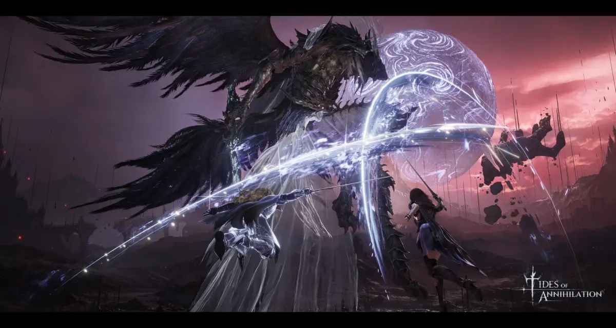 巨大な翼を持つ怪物と2人の戦士が戦闘