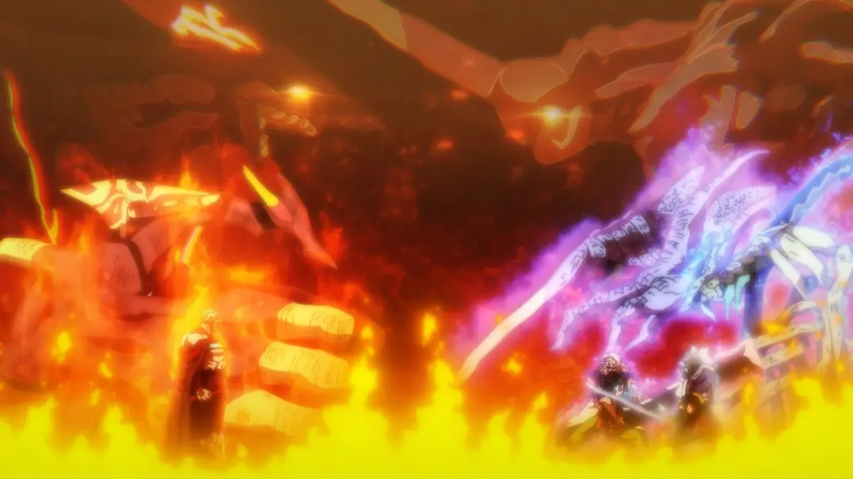 炎と紫の魔法が激しく衝突する戦闘シーン