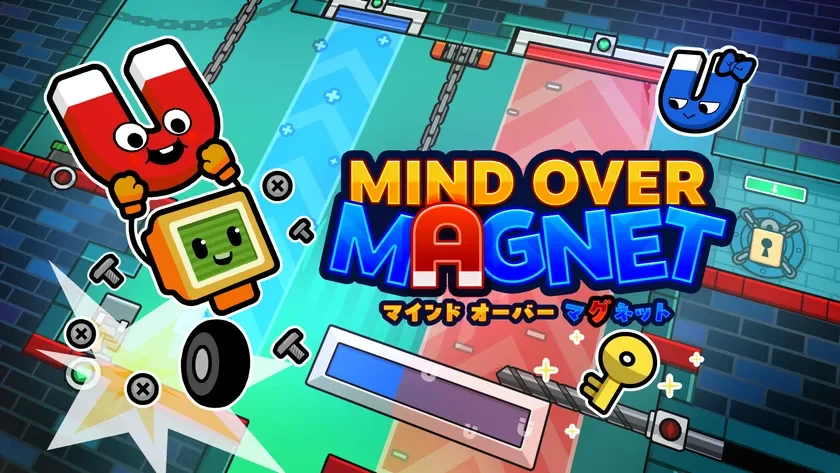 ゲーム「MIND OVER MAGNET」のタイトルロゴと、可愛らしいU字磁石のキャラクターたち