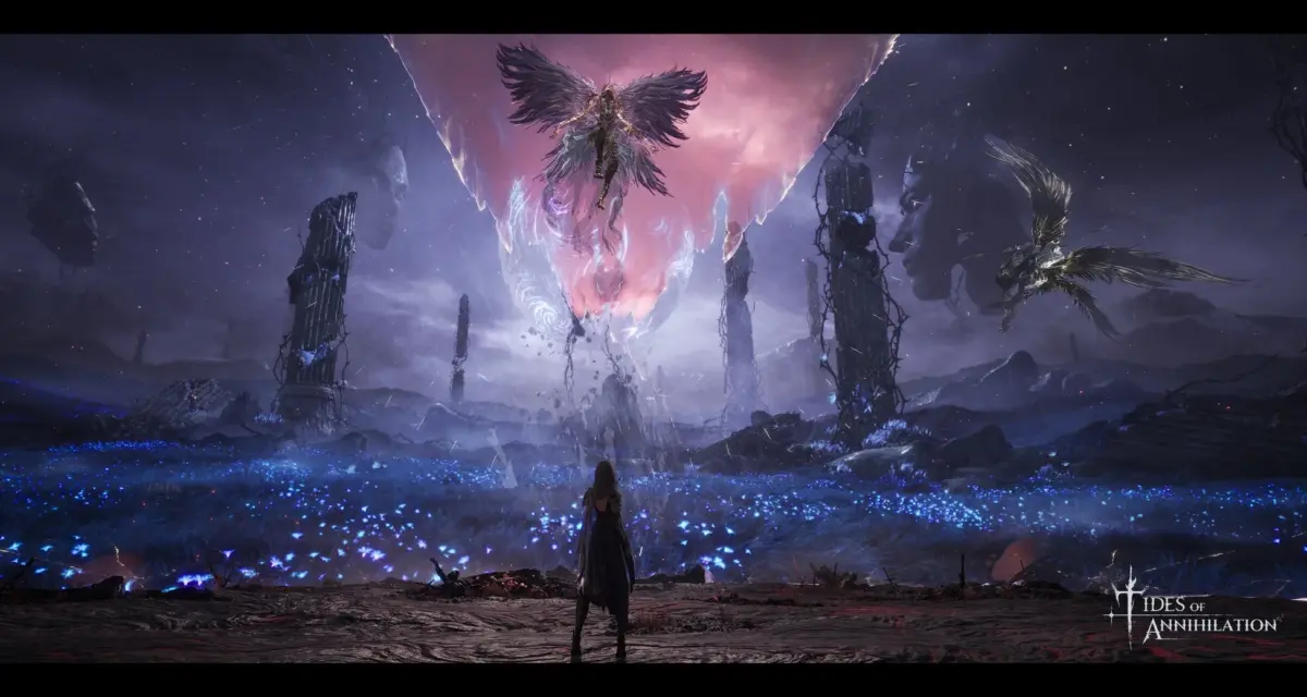 荒廃した世界と翼の人物