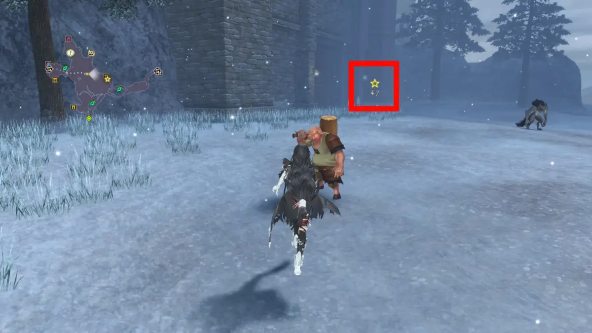 雪が降る冬のゲームマップで、黒い衣装のキャラクターが丸太を担いだNPCと対峙しているシーンです。遠くには石造りの建物やオオカミのような動物が見え、左上にはミニマップが表示されています。