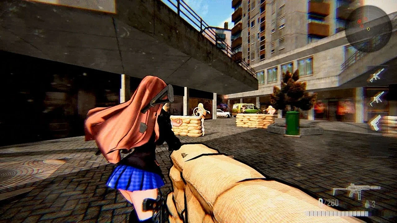 都市の広場で銃を構える女性キャラクター