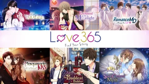 Love 365 Find Your Storyのロゴを中心に、複数の乙女・恋愛ゲームタイトル
