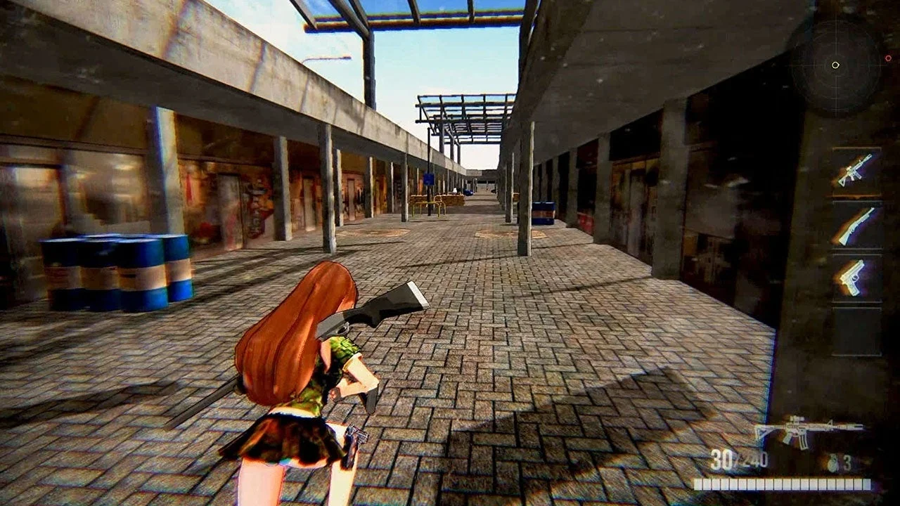 廃墟のストリートを歩く女性キャラクター