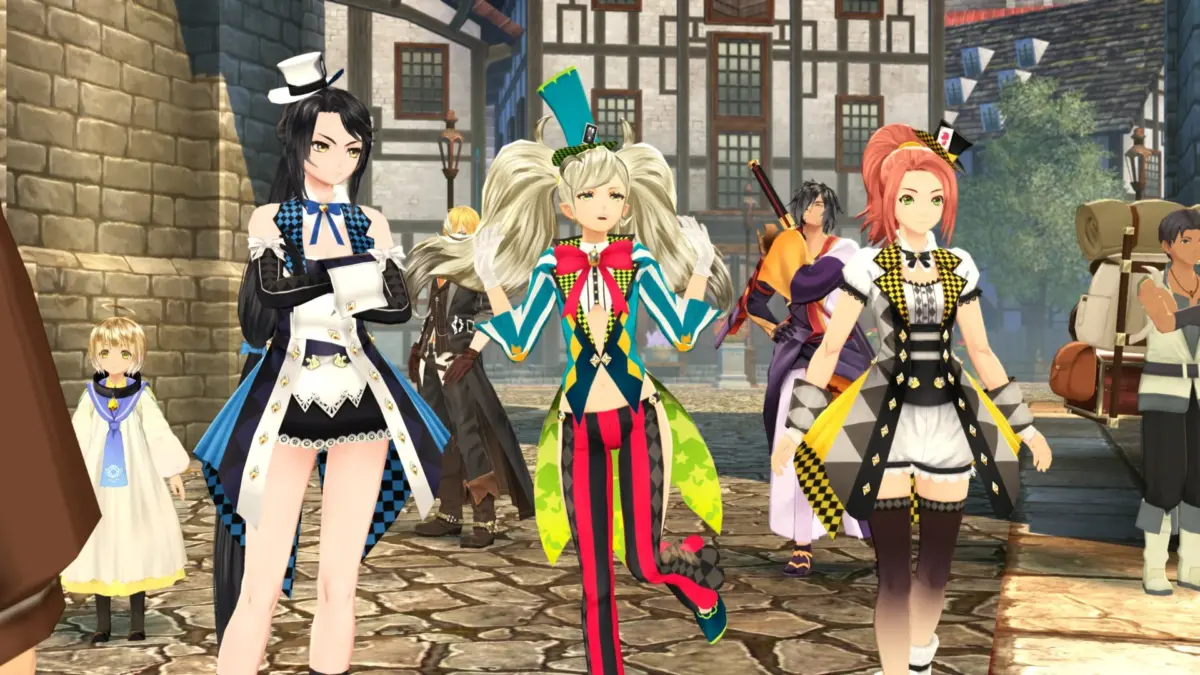 石畳の街並みで、個性豊かな衣装をまとった複数のアニメ風キャラクターたちが集まっている様子。中央には道化師のような派手な服装のキャラクターがおり、他のキャラクターも特徴的な衣装を身につけている。背景にはヨーロッパ風の建物が見える。