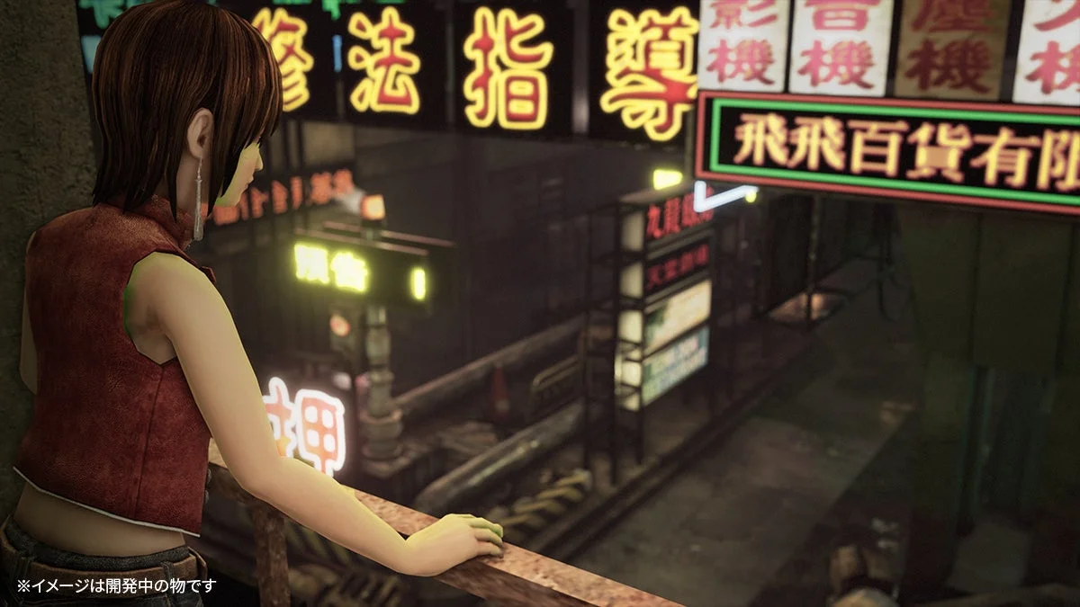 ネオンサインが輝く未来的な都市の夜景を、アニメ調のキャラクターがバルコニーから見下ろしている。開発中のゲーム画面のような雰囲気を持つ一枚。