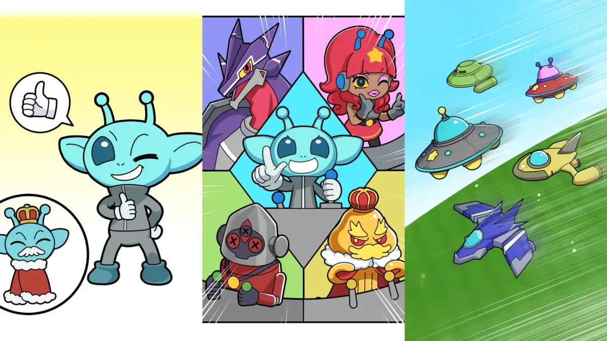 キャラクターとUFOの集合イラスト