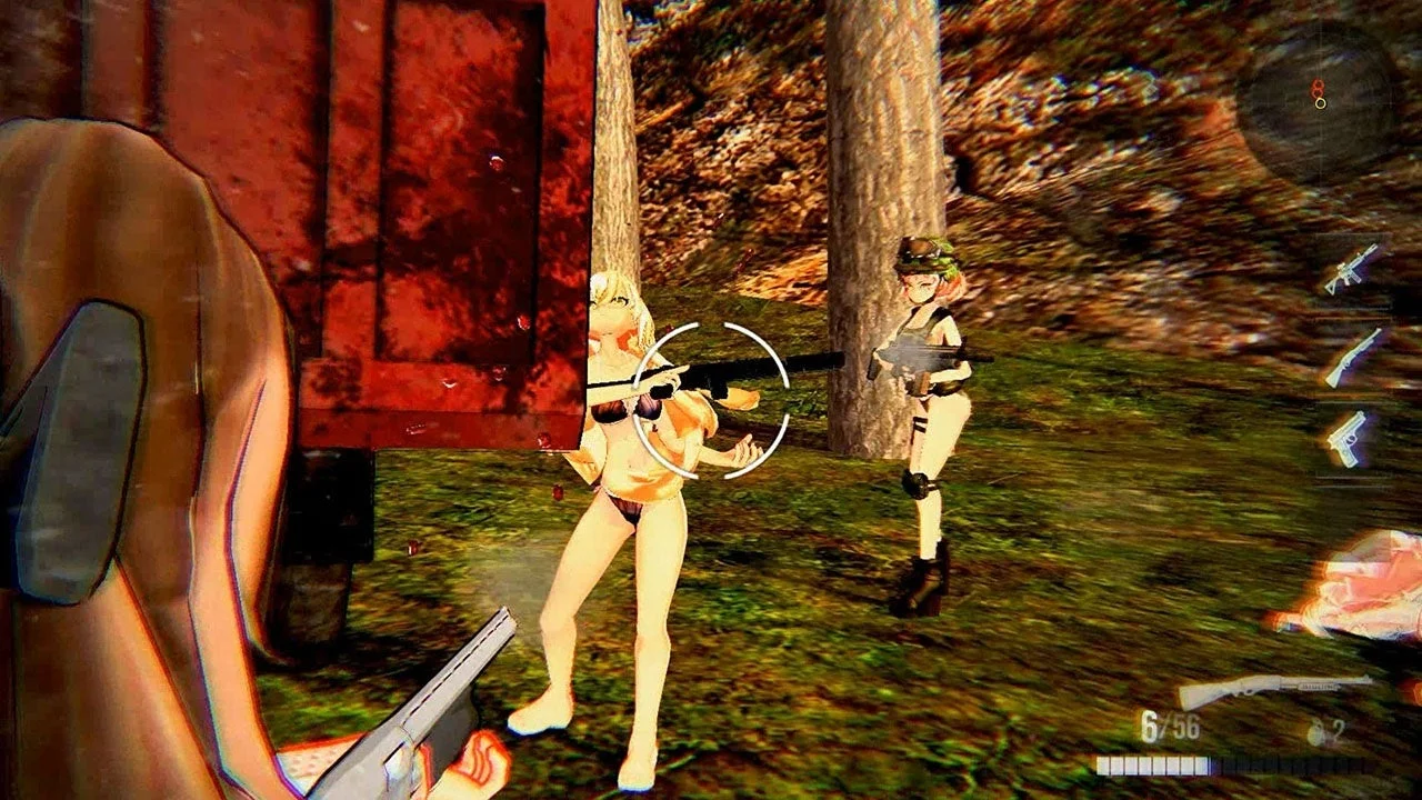 森で水着姿の女性キャラクターが戦闘