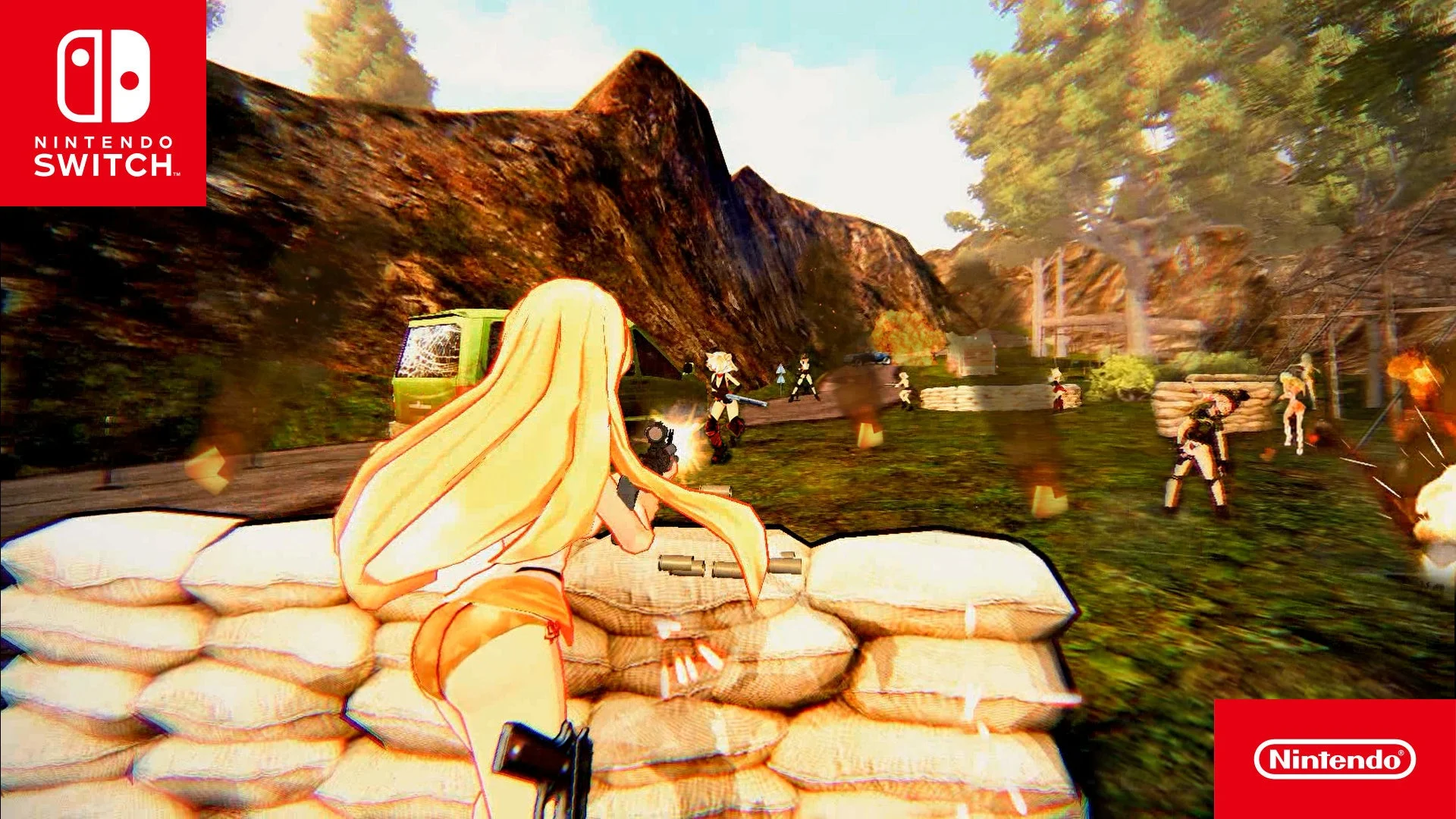 砂袋に身を隠し銃を構える女性キャラクター