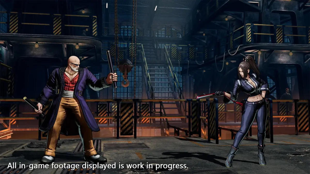 格闘ゲームのバトルシーン。棒を持つ男性キャラクターと扇のような武器を持つ女性キャラクターが対峙。