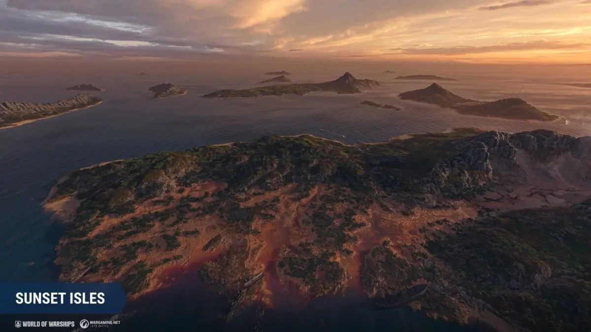 夕焼けに染まる島々