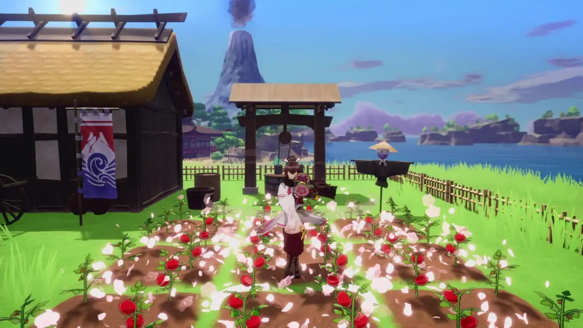 和装のキャラクターが畑の前に立つ