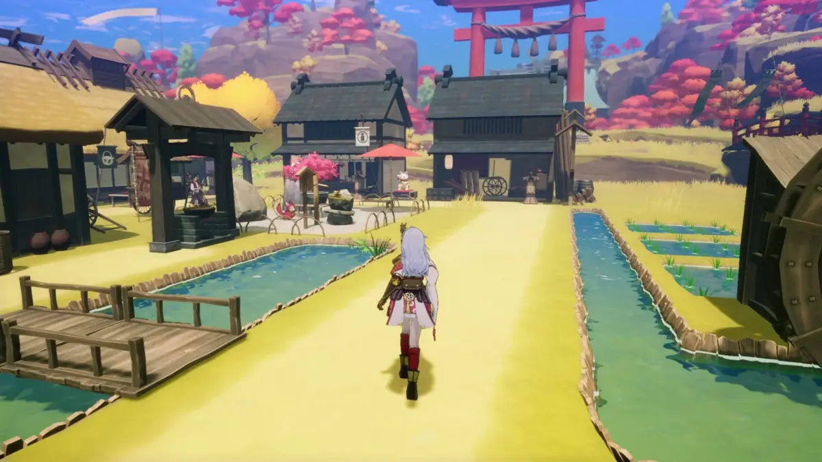 アニメ調の村を歩くキャラクター