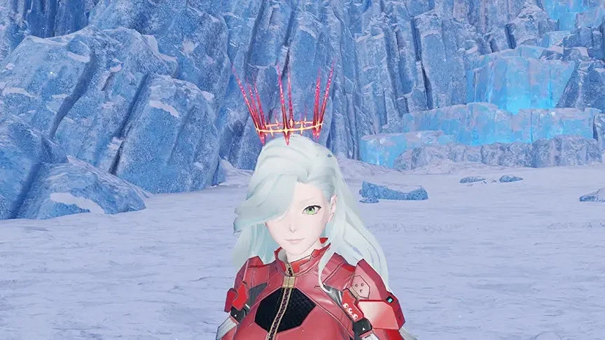 白い髪と緑色の目を持つアニメ調の女性キャラクターが雪と氷の世界に立つ