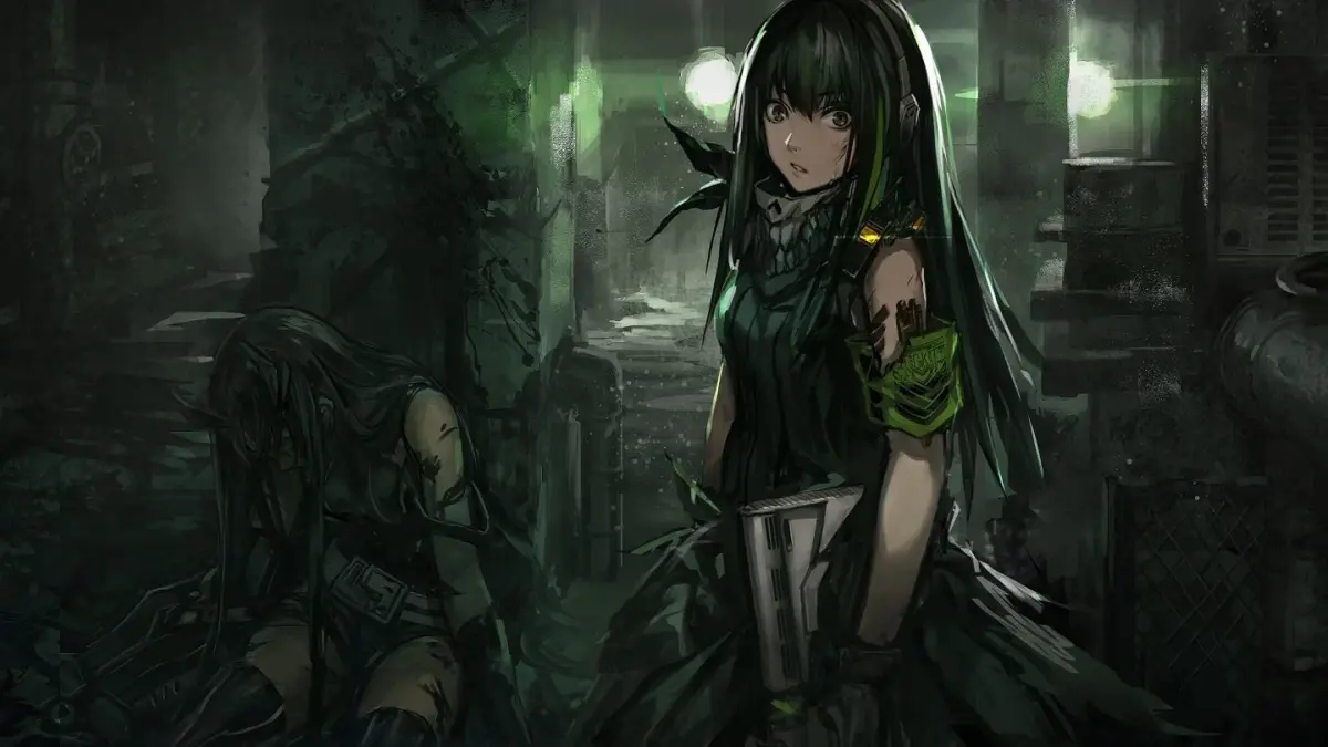 荒廃した薄暗い空間でライフルを構えるアニメ風の少女