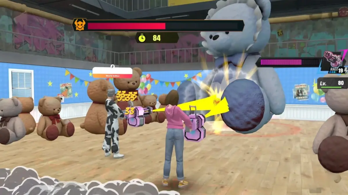 巨大なテディベアを攻撃するキャラクター