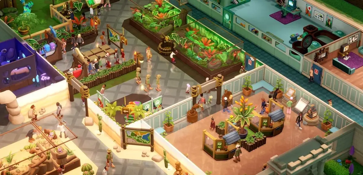 多くの訪問者で賑わう、カラフルでアイソメトリックな視点の屋内施設