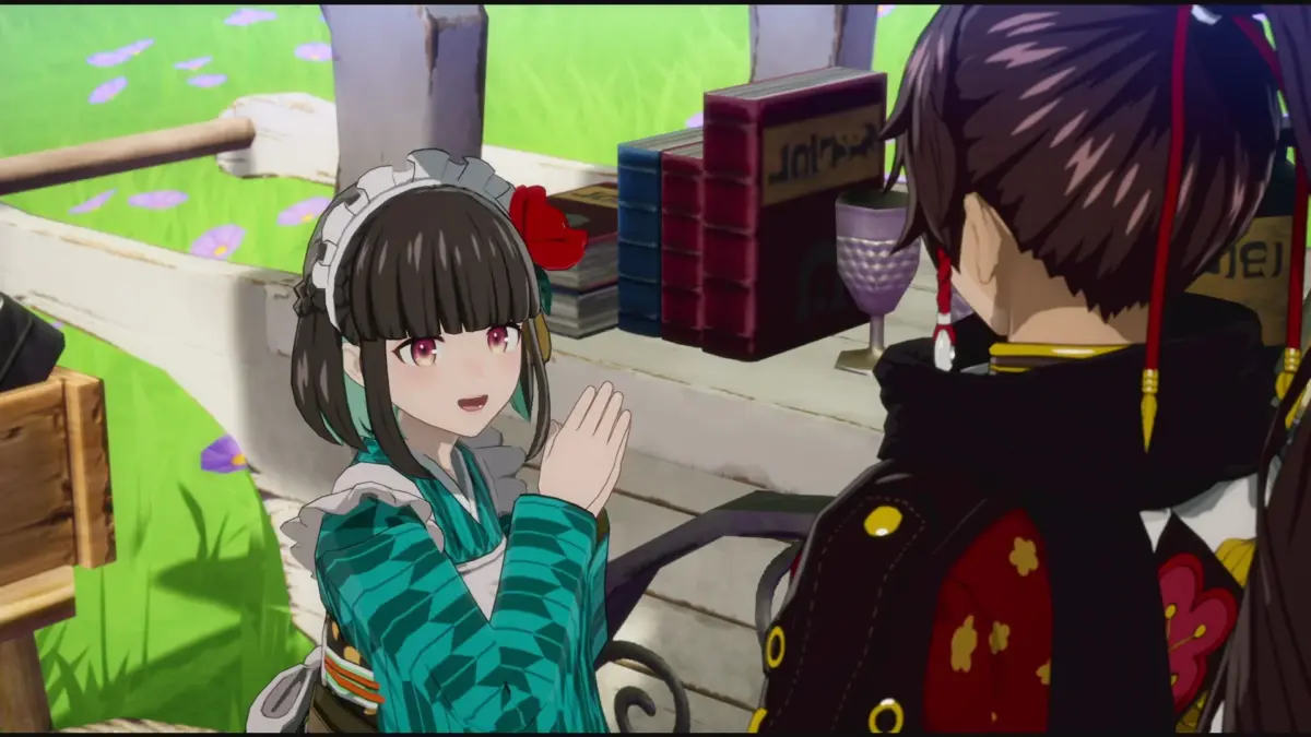 緑色の着物を着用した少女が会話