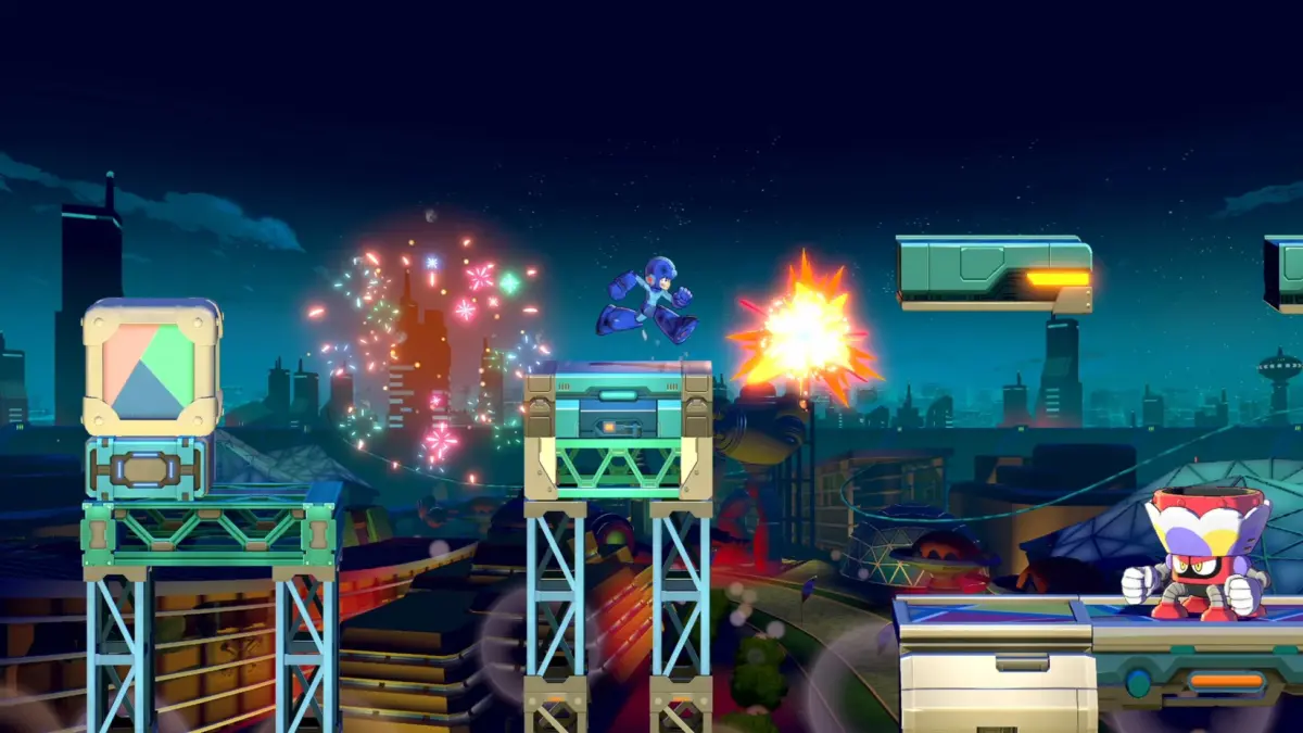 夜の未来都市で敵を攻撃するロックマン